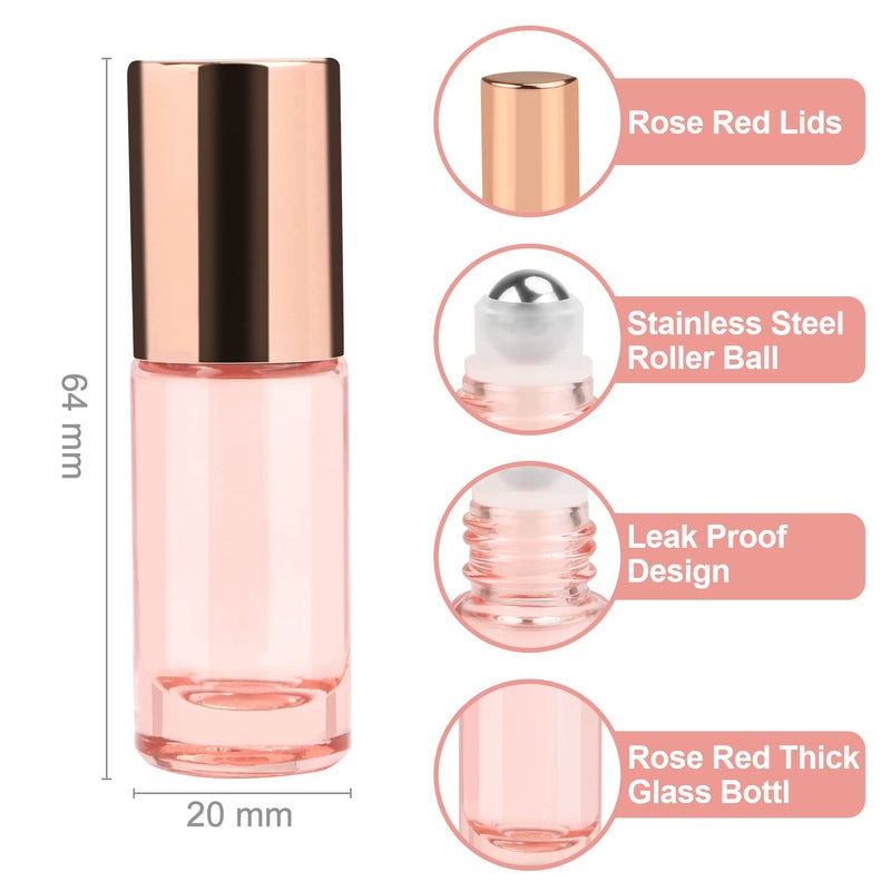 Wresty 1/6 Oz Pink Glass Roller Bottles, 6 Pack 5ml Roll On Bottles With Rose Gold Lids For Essential Oils, Perfume, Cosmetic Liquid - Image 2
