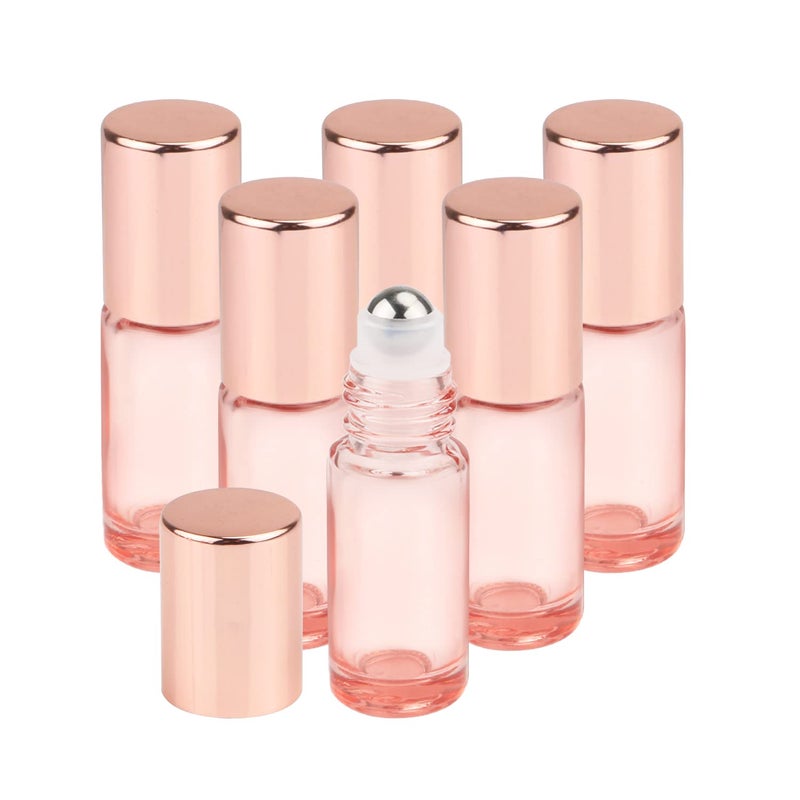 Wresty 1/6 Oz Pink Glass Roller Bottles, 6 Pack 5ml Roll On Bottles With Rose Gold Lids For Essential Oils, Perfume, Cosmetic Liquid - Image 1