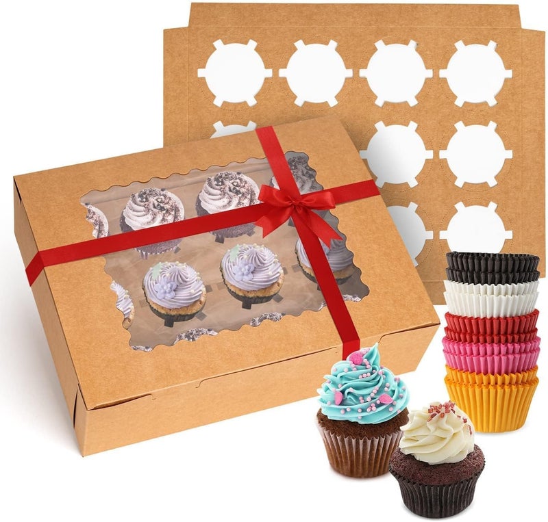 Rarapop 6-Set Cupcake Boxes Hold 12 Standard Cupcakes, Food Grade Cupcake Holders Bakery Carrier Boxes with Windows and Inserts for Cupcakes, Muffins and Pastries（BROWN - Image 1