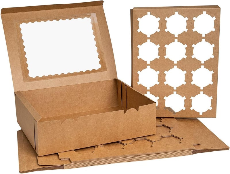 Rarapop 6-Set Cupcake Boxes Hold 12 Standard Cupcakes, Food Grade Cupcake Holders Bakery Carrier Boxes with Windows and Inserts for Cupcakes, Muffins and Pastries（BROWN - Image 2