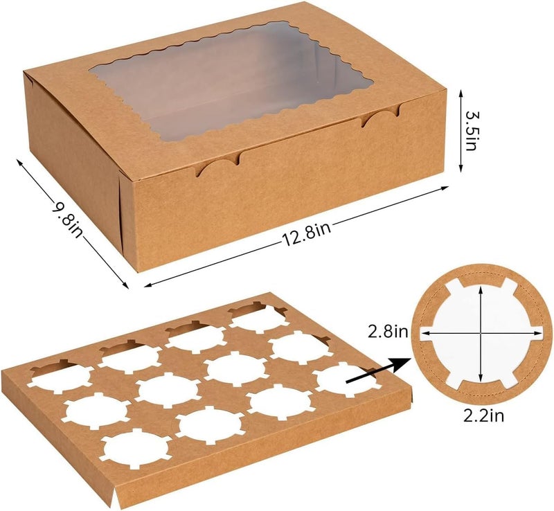 Rarapop 6-Set Cupcake Boxes Hold 12 Standard Cupcakes, Food Grade Cupcake Holders Bakery Carrier Boxes with Windows and Inserts for Cupcakes, Muffins and Pastries（BROWN - Image 3