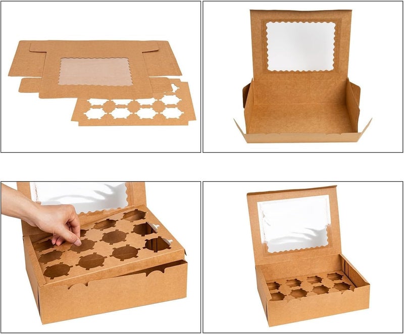 Rarapop 6-Set Cupcake Boxes Hold 12 Standard Cupcakes, Food Grade Cupcake Holders Bakery Carrier Boxes with Windows and Inserts for Cupcakes, Muffins and Pastries（BROWN - Image 4