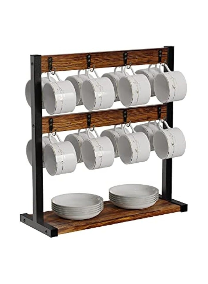 erorex Coffee Mug Holder Stand: Wooden Countertop Tea Cup Rack Hanger Display Organizer with Dish Storage Shelf and 16 Double Sided Metal Hooks for Kitchen  - Image 3
