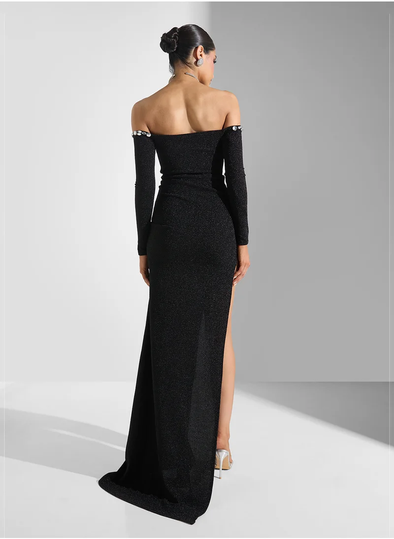 Ella Limited Edition Off Shoulder Shimmer Dress With Slit