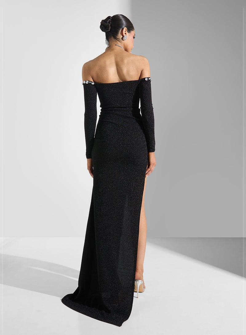 Ella Limited Edition Off Shoulder Shimmer Dress With Slit  - Image 2