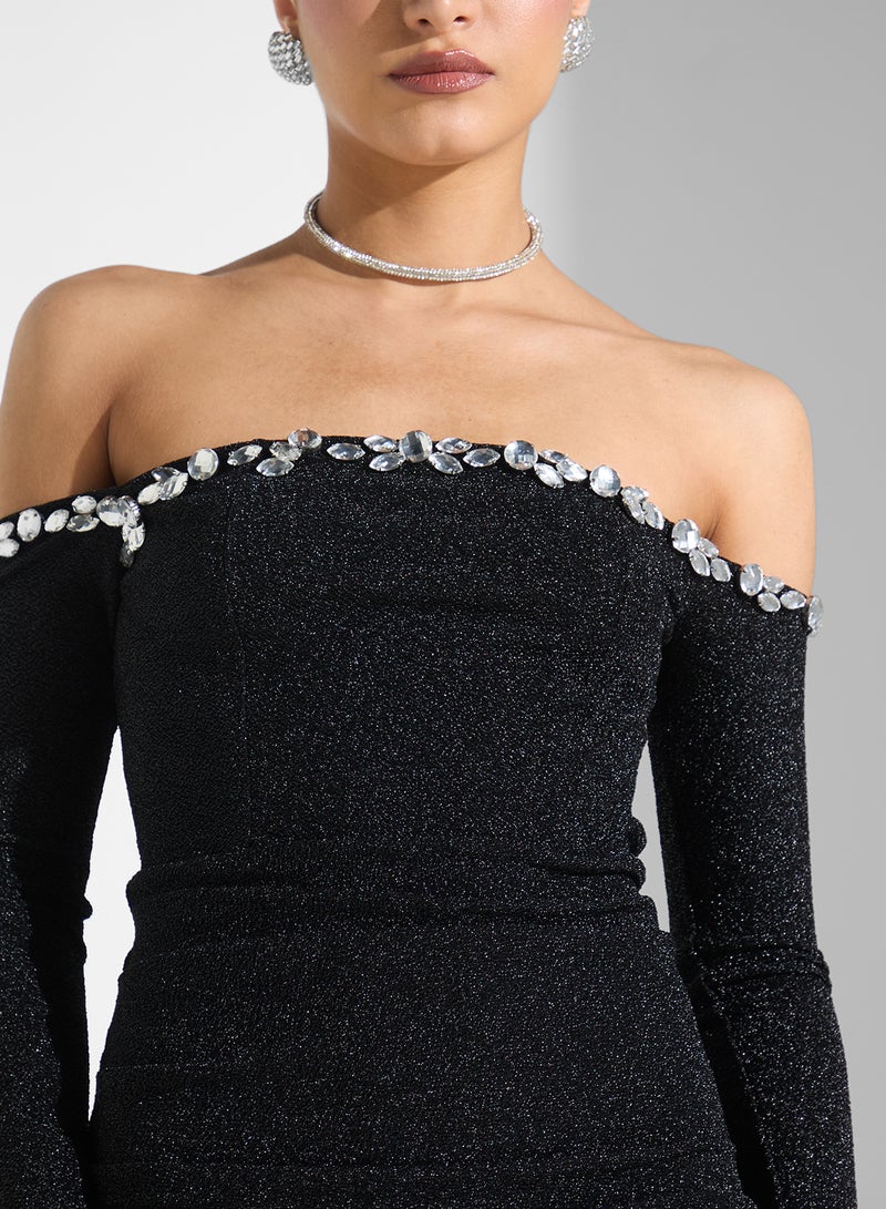 Ella Limited Edition Off Shoulder Shimmer Dress With Slit  - Image 3