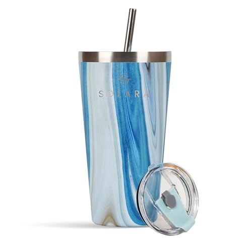 SOLARA Tumbler with lid and Straw 475ml, Double Wall Insulated Stainless Steel Tumbler Bottle, Hot and Cold Travel Coffee Mug with lid for Office, Home and Travel -Blue Marble - Image 1