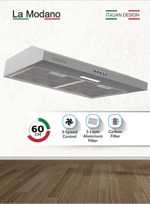 LA MODANO 60cm Slim Stainless Steel Built-In Hood – LMCH606S with 3 Speeds, LED Light, 300m³/h Airflow, Aluminum & Carbon Filters, Push Button Control - LMCH606S