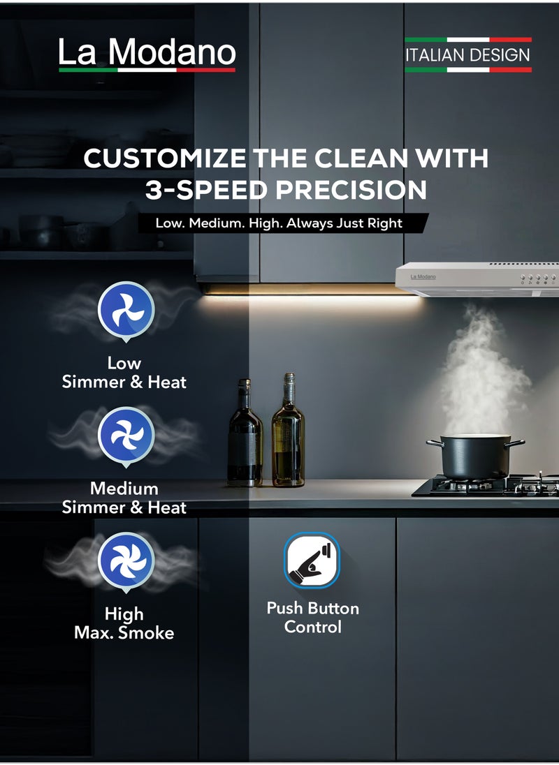 La Modano - LA MODANO 60cm Slim Stainless Steel Built-In Hood – LMCH606S with 3 Speeds, LED Light, 300m³/h Airflow, Aluminum & Carbon Filters, Push Button Control - LMCH606S - Image 1