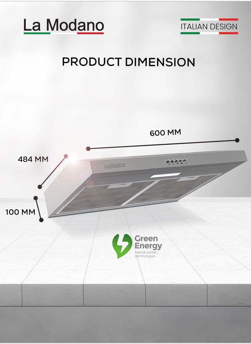 La Modano - LA MODANO 60cm Slim Stainless Steel Built-In Hood – LMCH606S with 3 Speeds, LED Light, 300m³/h Airflow, Aluminum & Carbon Filters, Push Button Control - LMCH606S - Image 1