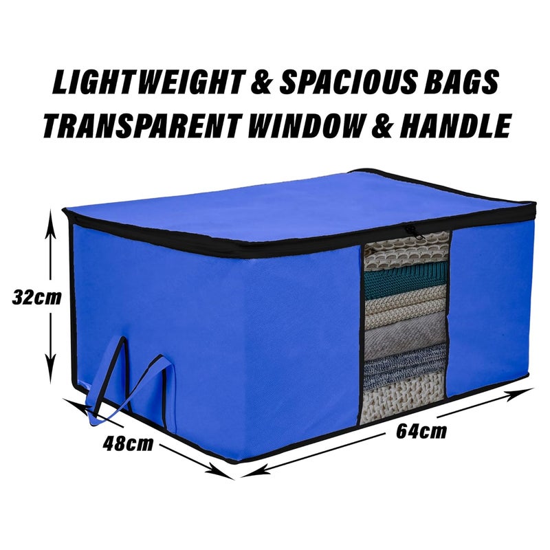 Kuber Industries Underbed Storage Bag Clothes Storage Bag Blanket Cover with Clear Window Zipper Closure Handle Cloth Organizer Plain Black Border Large Pack of 6 Blue - Image 3