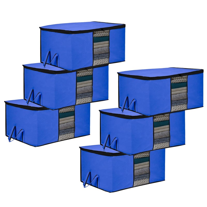 Kuber Industries Underbed Storage Bag Clothes Storage Bag Blanket Cover with Clear Window Zipper Closure Handle Cloth Organizer Plain Black Border Large Pack of 6 Blue - Image 1