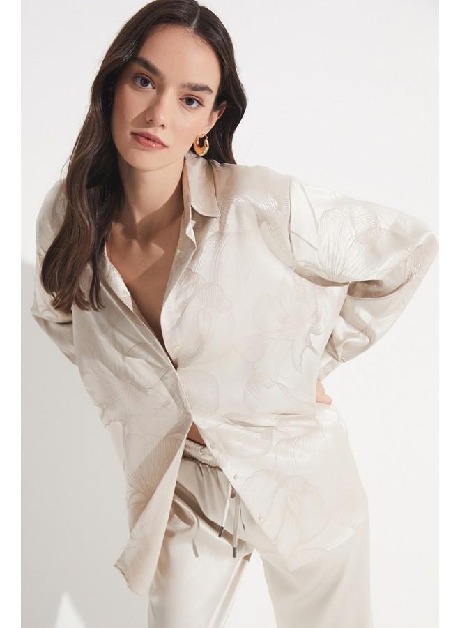 جون قميص نسائي من رايون بمقاس واسع بنقشة ذاتية - بيج - Image 3