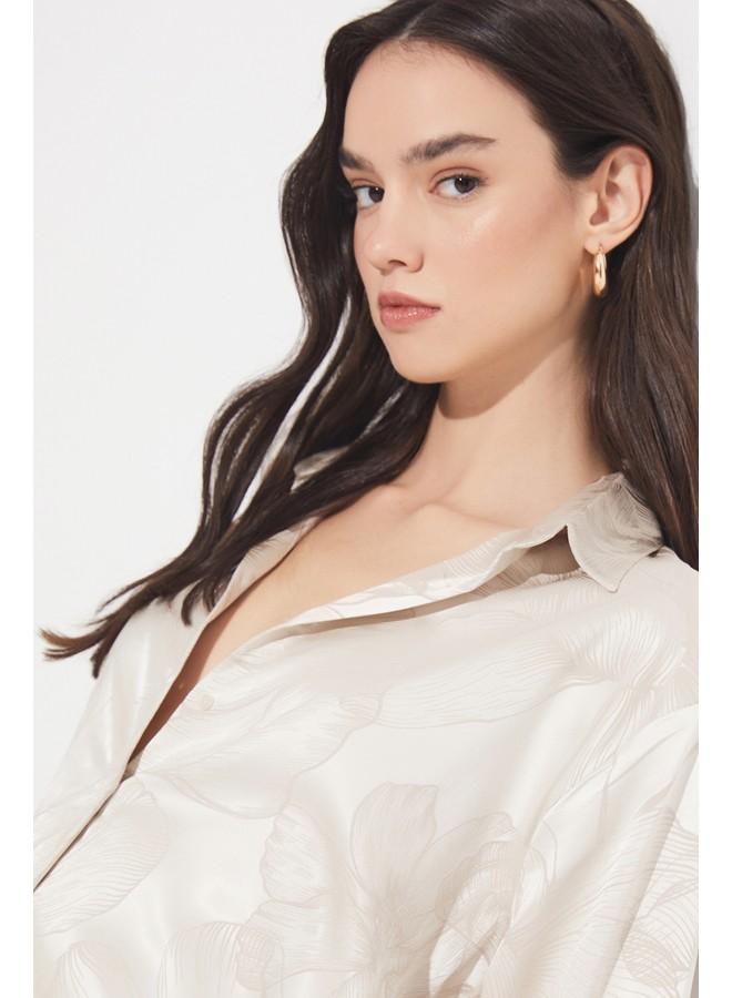 جون قميص نسائي من رايون بمقاس واسع بنقشة ذاتية - بيج - Image 1