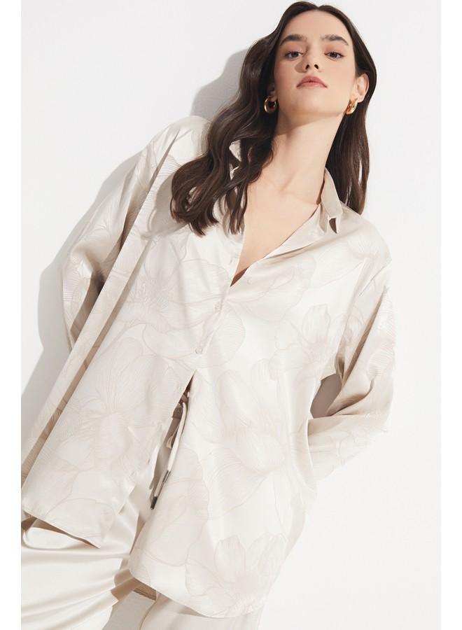 جون قميص نسائي من رايون بمقاس واسع بنقشة ذاتية - بيج - Image 4