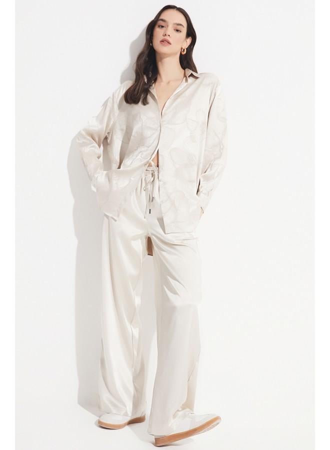 جون قميص نسائي من رايون بمقاس واسع بنقشة ذاتية - بيج - Image 2