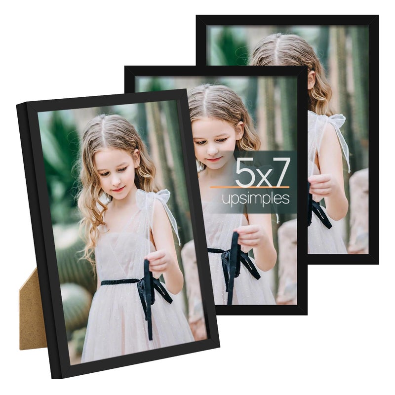 upsimples 5x7 Picture Frame Set of 3 Made of High Definition Glass for 5 x 7 Black Frames Wall and Tabletop Display Thin Border Photo Frame for Home Dcor