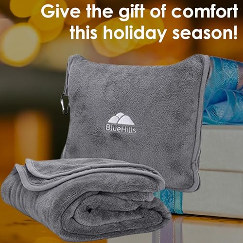 BlueHills Premium Soft Long Travel Blanket Pillow for Tall Airplane Flight Blanket Throw in Soft Bag case with Hand Luggage Belt & Backpack Clip Compact Pack Large Grey Gray T052 - Image 2