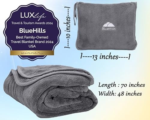 BlueHills Premium Soft Long Travel Blanket Pillow for Tall Airplane Flight Blanket Throw in Soft Bag case with Hand Luggage Belt & Backpack Clip Compact Pack Large Grey Gray T052 - Image 4