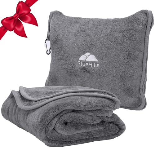 BlueHills Premium Soft Long Travel Blanket Pillow for Tall Airplane Flight Blanket Throw in Soft Bag case with Hand Luggage Belt & Backpack Clip Compact Pack Large Grey Gray T052 - Image 1
