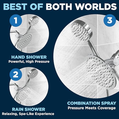 HammerHead Showers® Solid Metal Dual Shower Head Combo – CHROME – 8 Inch Rainfall High Flow Shower Head & Handheld Shower Head High Pressure with Hose 6ft - Hotel-Like Double Shower Heads - Image 2