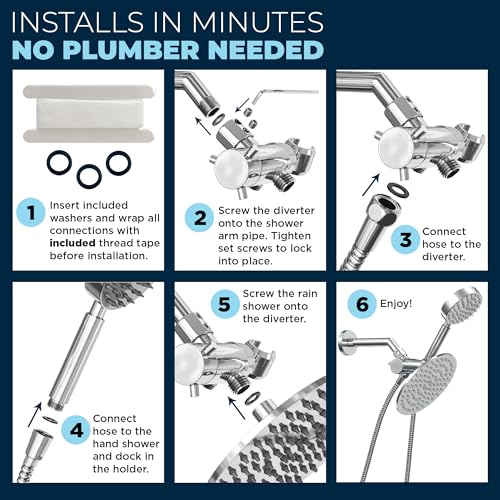 HammerHead Showers® Solid Metal Dual Shower Head Combo – CHROME – 8 Inch Rainfall High Flow Shower Head & Handheld Shower Head High Pressure with Hose 6ft - Hotel-Like Double Shower Heads - Image 4