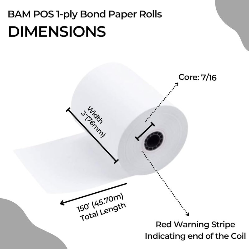 BAM POS 3" x 150' 1ply Bond Receipt Paper Rolls for Kitchen Impact Printers TMU200 SRP275 Star SP700 Suitable For Printing Kitchen Tickets and Order Receipts (24 Rolls Per Case) - Image 4