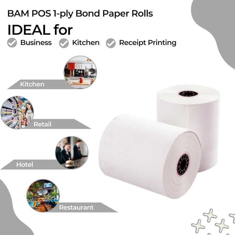 BAM POS 3" x 150' 1ply Bond Receipt Paper Rolls for Kitchen Impact Printers TMU200 SRP275 Star SP700 Suitable For Printing Kitchen Tickets and Order Receipts (24 Rolls Per Case) - Image 3
