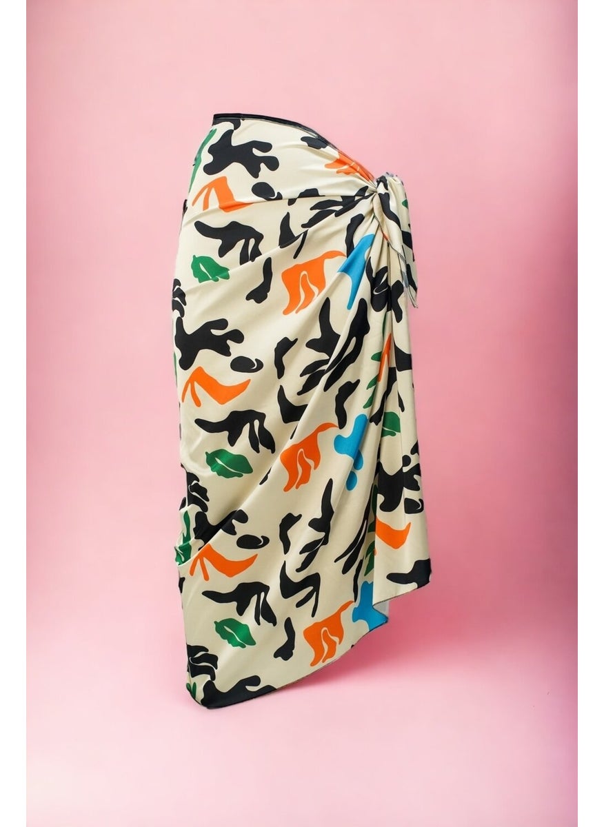 Pistore Cream Pop-Art Patterned Long Pareo Satin Women's Beach Dress New Season  - Image 1