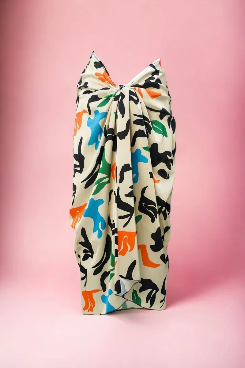 Pistore Cream Pop-Art Patterned Long Pareo Satin Women's Beach Dress New Season