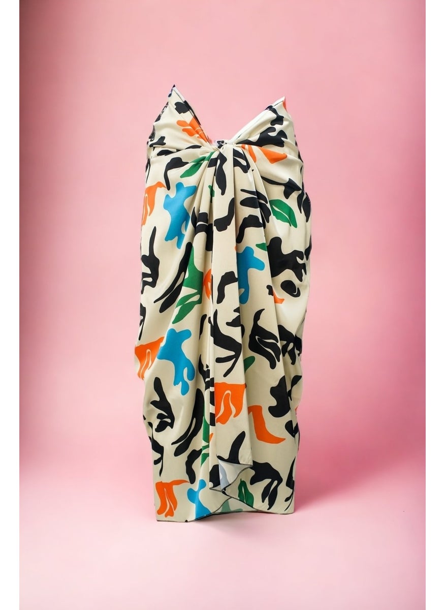 Pistore Cream Pop-Art Patterned Long Pareo Satin Women's Beach Dress New Season  - Image 3