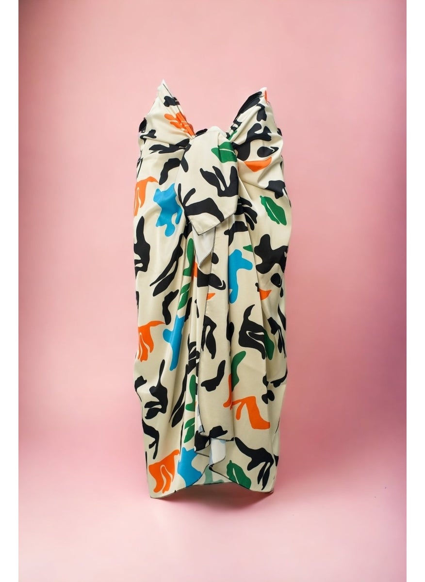 Pistore Cream Pop-Art Patterned Long Pareo Satin Women's Beach Dress New Season  - Image 2