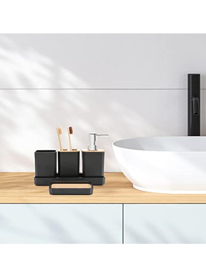 Arabest 5-Piece Bathroom Accessories Set – Soap Dispenser, Soap Dish, Toothbrush Holder, Cup, and Vanity Tray, Modern Boho Decor (Black) - Image 3