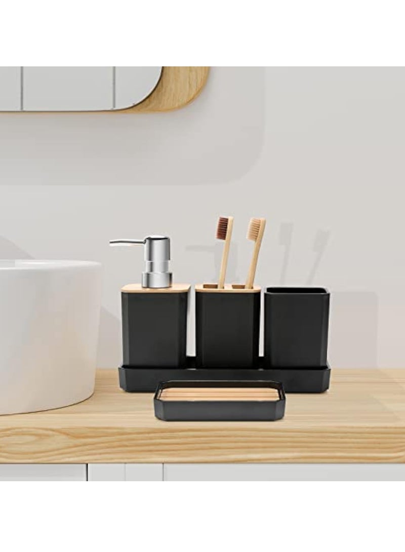 Arabest 5-Piece Bathroom Accessories Set – Soap Dispenser, Soap Dish, Toothbrush Holder, Cup, and Vanity Tray, Modern Boho Decor (Black) - Image 4