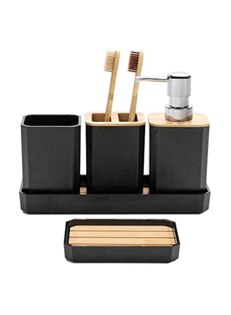 Arabest 5-Piece Bathroom Accessories Set – Soap Dispenser, Soap Dish, Toothbrush Holder, Cup, and Vanity Tray, Modern Boho Decor (Black) - Image 1