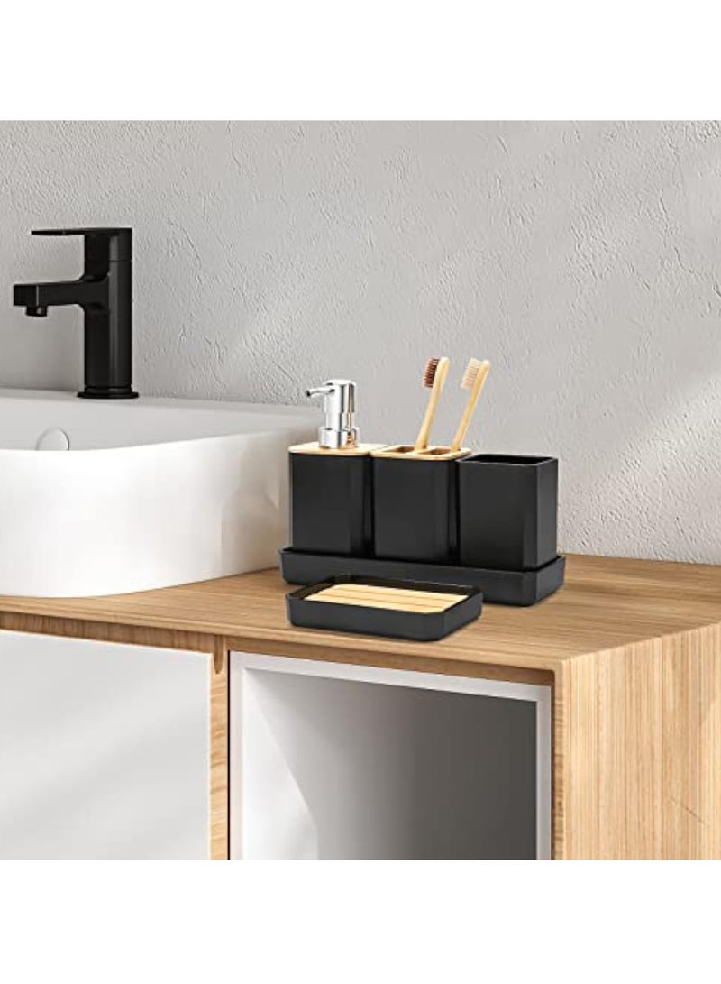 Arabest 5-Piece Bathroom Accessories Set – Soap Dispenser, Soap Dish, Toothbrush Holder, Cup, and Vanity Tray, Modern Boho Decor (Black) - Image 2