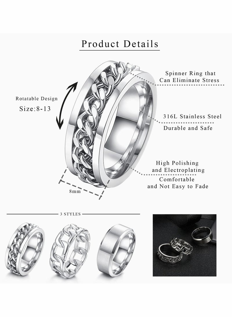Zikra 3Pcs Stainless Steel Spinner Rings for Mens Women Wide Matte Brushed Classic Simple Plain Wedding Band Ring 7 8MM Size 10 - Image 5