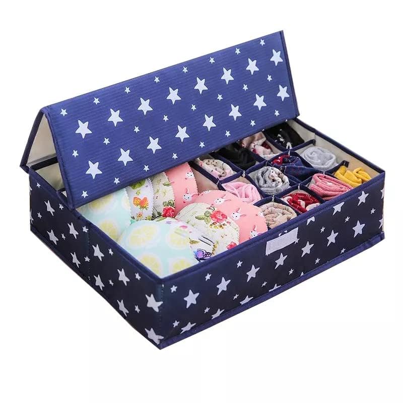 SEYROLIN SEYROLIN 17 Grid Socks Organiser Multi Compartment Foldable Storage Box Closet Drawer Organizer With Lid Undergarments Storage for Socks Bra Panty Tie Scarf Blue Star - Image 1