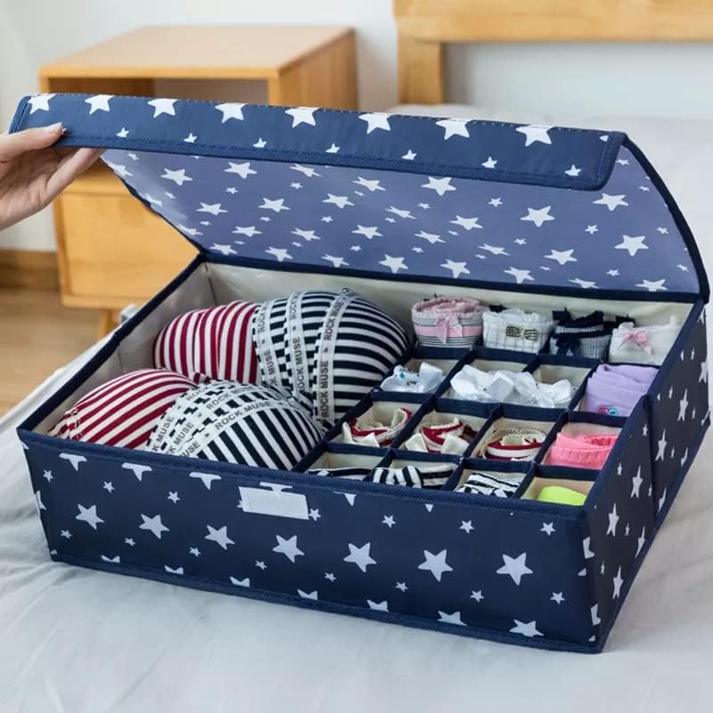 SEYROLIN SEYROLIN 17 Grid Socks Organiser Multi Compartment Foldable Storage Box Closet Drawer Organizer With Lid Undergarments Storage for Socks Bra Panty Tie Scarf Blue Star - Image 3