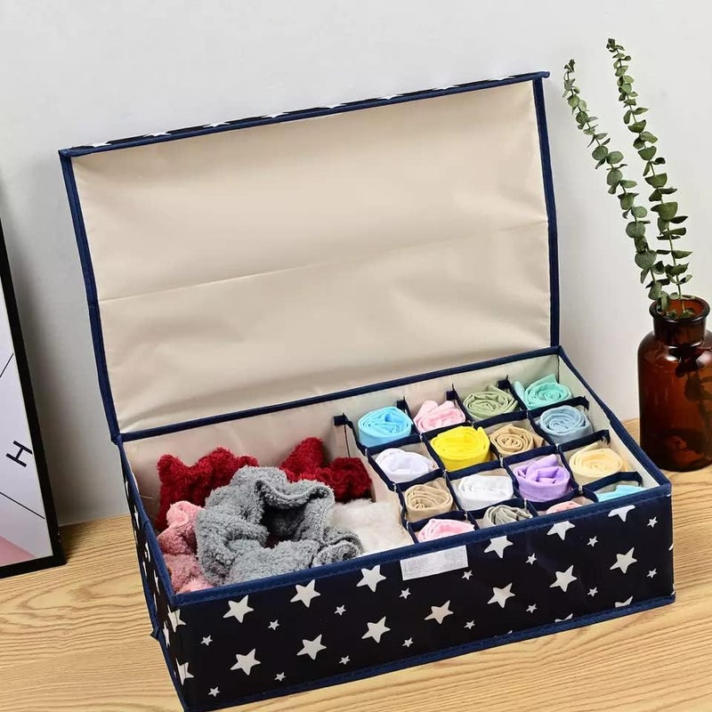 SEYROLIN SEYROLIN 17 Grid Socks Organiser Multi Compartment Foldable Storage Box Closet Drawer Organizer With Lid Undergarments Storage for Socks Bra Panty Tie Scarf Blue Star - Image 4