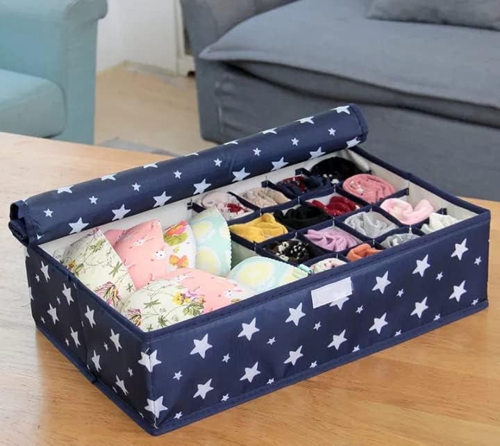 SEYROLIN SEYROLIN 17 Grid Socks Organiser Multi Compartment Foldable Storage Box Closet Drawer Organizer With Lid Undergarments Storage for Socks Bra Panty Tie Scarf Blue Star - Image 5