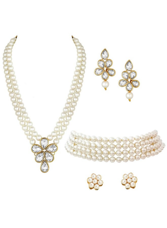 Peora Gold Plated Crystal Pearl Long Necklace with Drop Earrings Traditional Ethnic Jewellery Set for Women Girls | White - Image 1