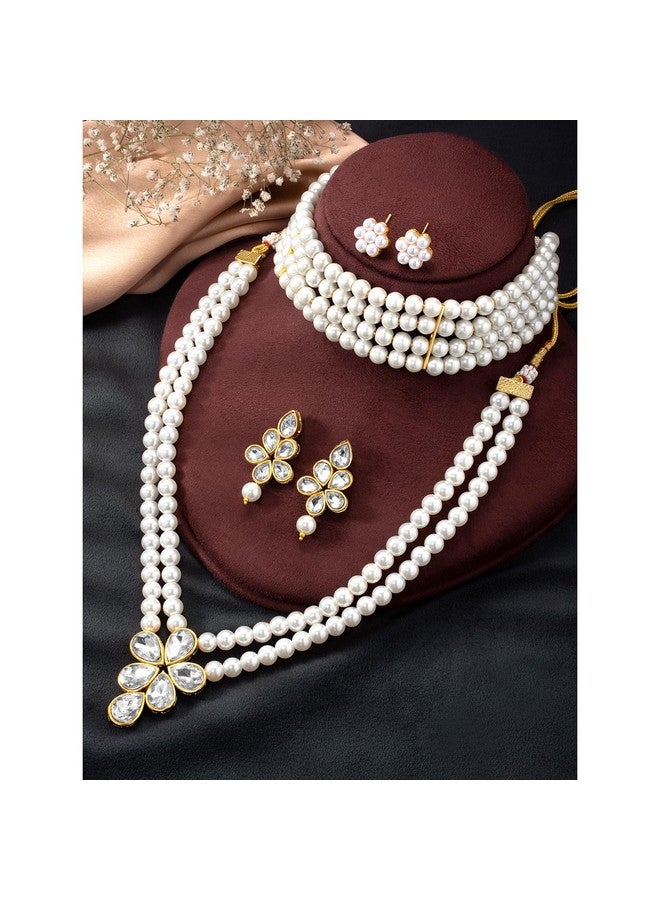Peora Gold Plated Crystal Pearl Long Necklace with Drop Earrings Traditional Ethnic Jewellery Set for Women Girls | White - Image 2