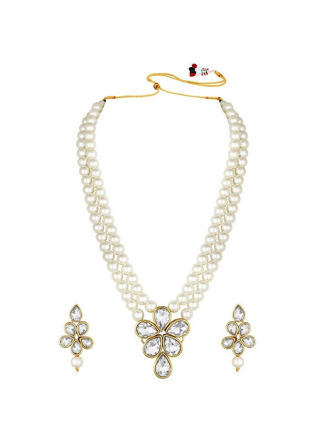 Peora Gold Plated Crystal Pearl Long Necklace with Drop Earrings Traditional Ethnic Jewellery Set for Women Girls | White - Image 5