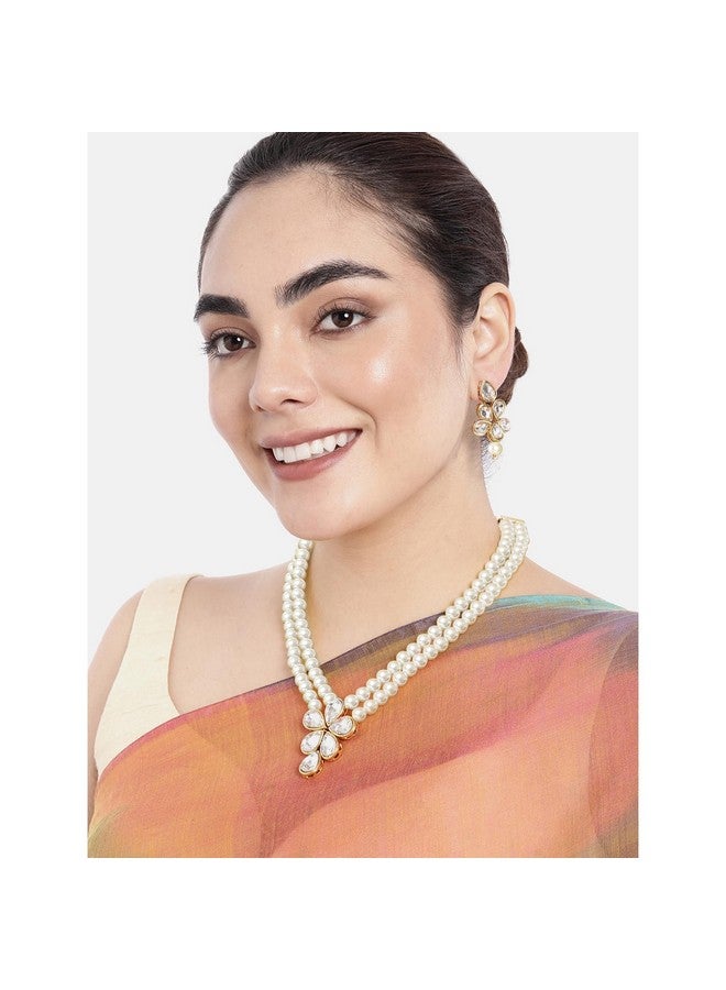 Peora Gold Plated Crystal Pearl Long Necklace with Drop Earrings Traditional Ethnic Jewellery Set for Women Girls | White - Image 3