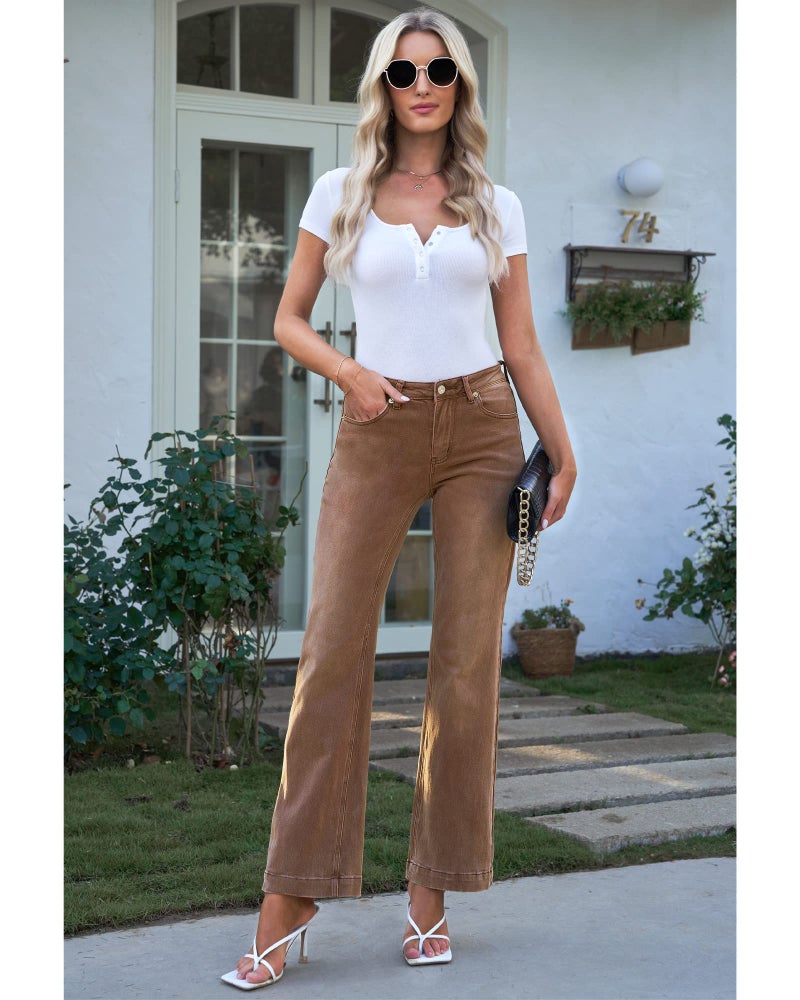 GRAPENT Women Jeans Stretchy Resort Wear for 2023 Womens Western Hippie Outfits Cowgirl Pants Flare Color Pecan Brown Size 16 18 X-Large - Image 5