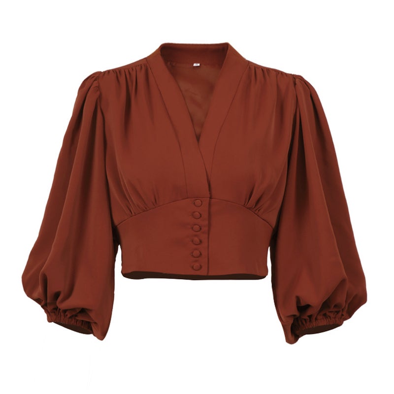 Women's V-Neck Lantern Sleeve Blouse - Retro French Style Slim Fit - Image 5