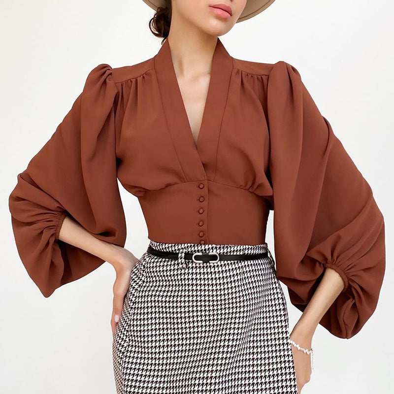 Women's V-Neck Lantern Sleeve Blouse - Retro French Style Slim Fit - Image 1