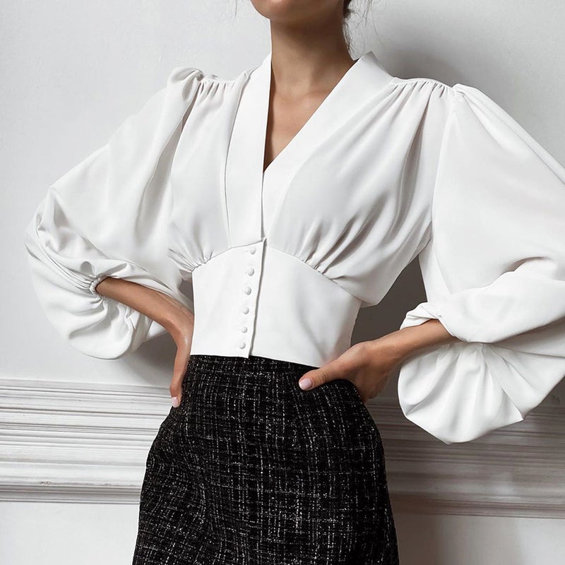 Women's V-Neck Lantern Sleeve Blouse - Retro French Style Slim Fit - Image 4