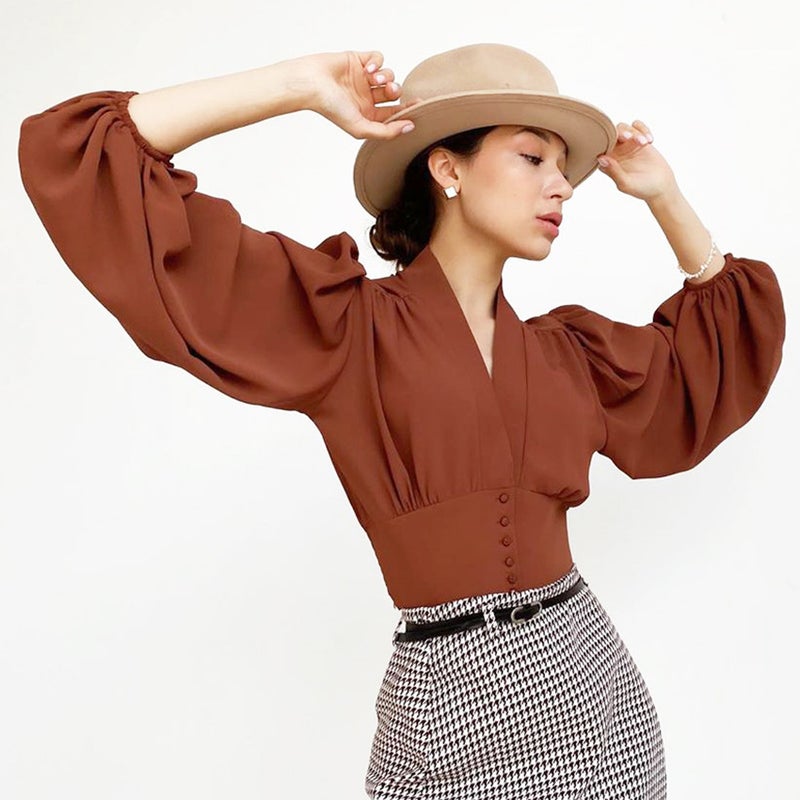 Women's V-Neck Lantern Sleeve Blouse - Retro French Style Slim Fit - Image 2
